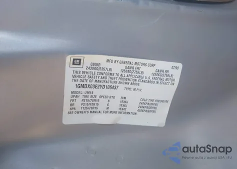 2000 Pontiac Montana M16 from USA, damaged, VIN 1GMDX03E2YD106437